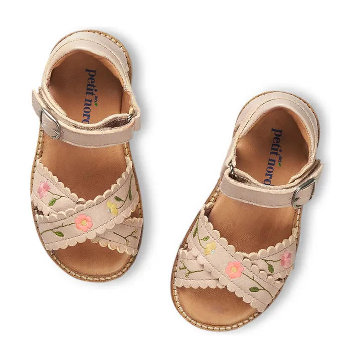 Petit Nord Sandales Scratchs Croisées Brodées Fleurs - Collection Uniqua | Crème