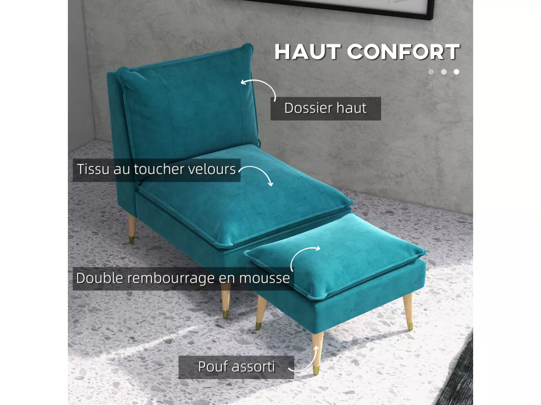 Fauteuil design scandinave grand confort - repose-pied inclus - piètement effilé incliné bois hévéa velours turquoise