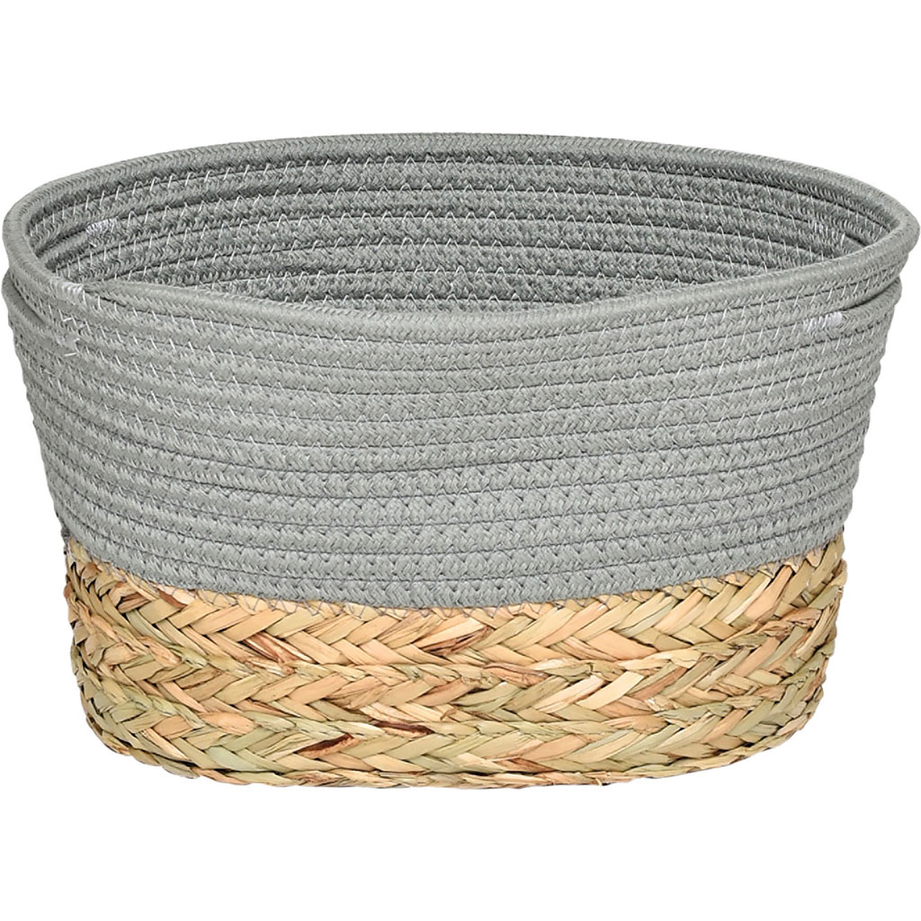 Panier ovale bimatière roseau tressé et coton kaki 30x17x22cm