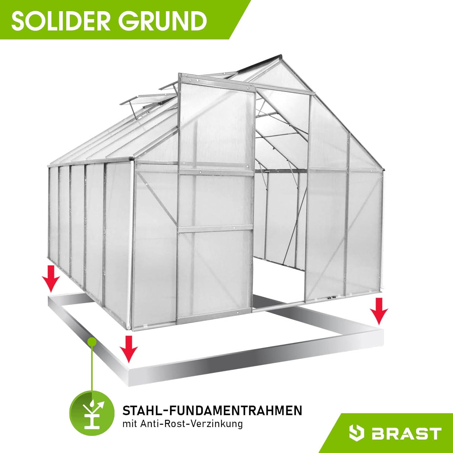 BRAST Gewächshaus Aluminium mit Fundament | 42 Modelle | 130x190x195cm - 490x250x235cm | TÜV geprüft | 6mm Hohlkammerplatten | rostfrei wetterfest temperaturbeständig | 310x250x205cm Silber