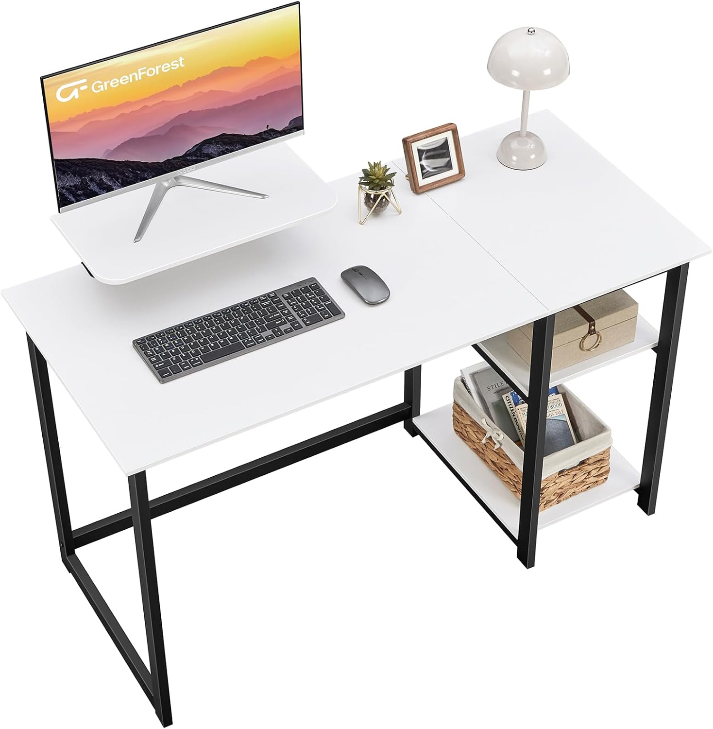 GreenForest Computer Home Office Schreibtisch mit reversiblen Speicherregalen 100cm Kleiner mit justierbaren Regalen für kleine Räume,Schlafzimmer,Student, moderner PC Laptop Tisch,weiß