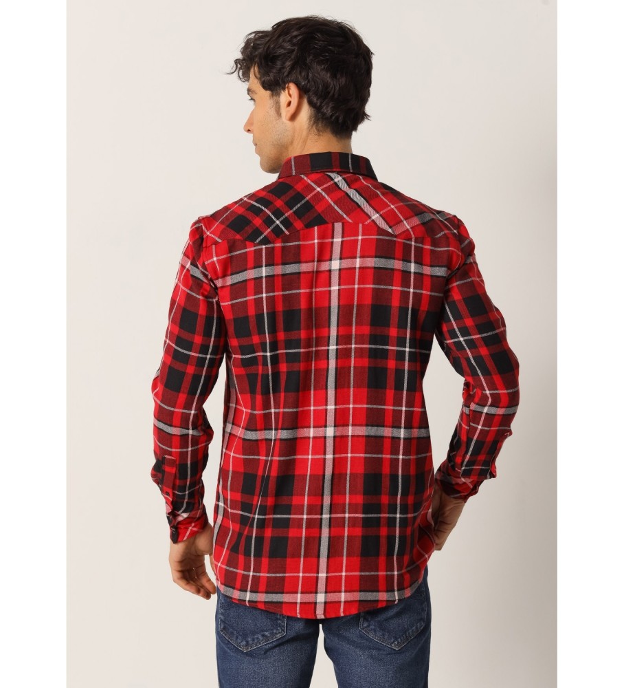 Camisa de manga comprida xadrez de flanela Six Valves com bolsos, vermelha