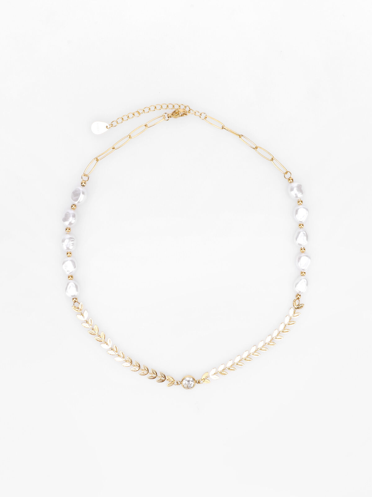 Collier ras de cou à perles et feuilles- Doré