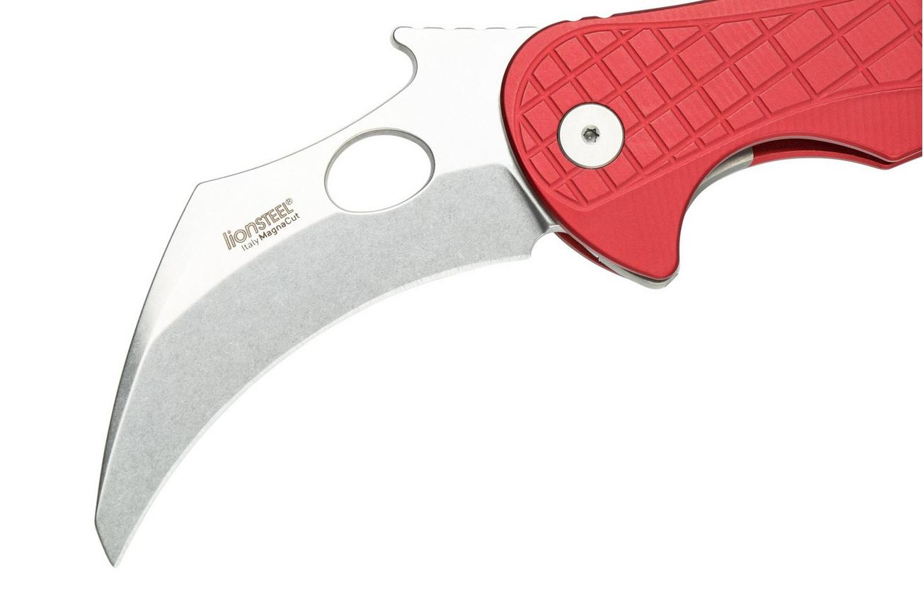 LionSteel L.E.One LE1-A-RS MagnaCut, Satin, Red Aluminium, Karambit zakmes
