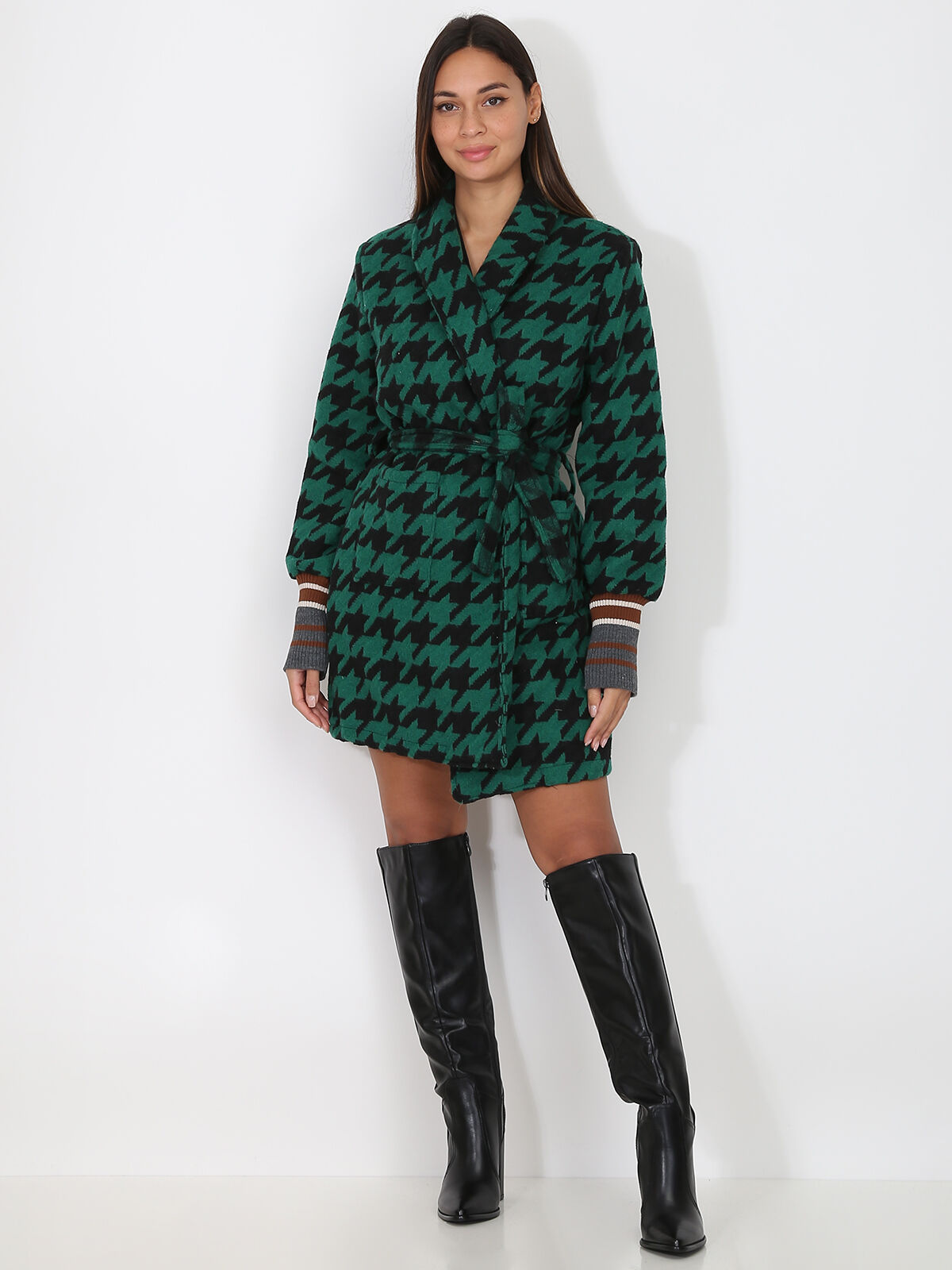 Manteau ceinturé à motif pied-de-poule- Noir / Vert