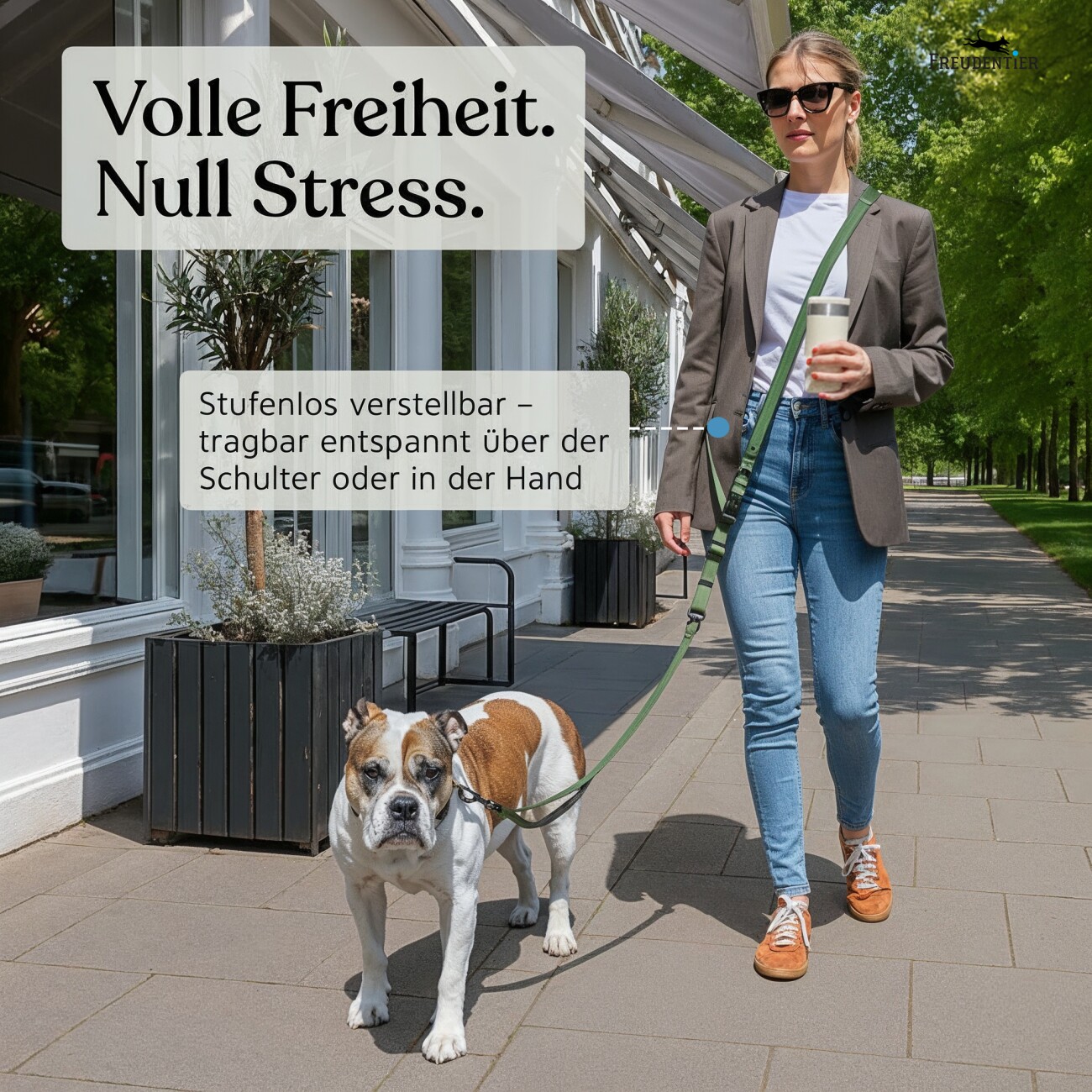 Freudentier UrbanFlow Umhängeleine, Hundeleine 3m oliv