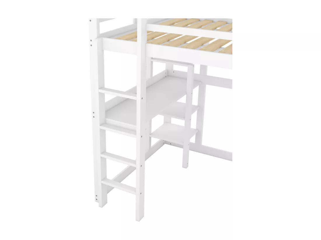 Lit mezzanine 140x200cm en bois massif - avec bureau et étagères - Blanc