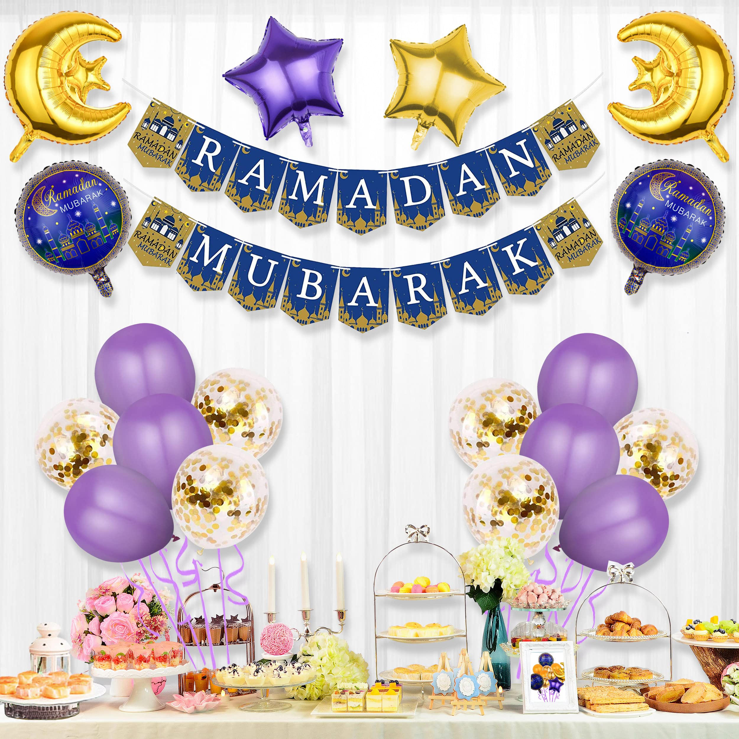(19-tlg. Set) Ramadan Mubarak Girlande Bajram Party Deko   Latex- & Folien Luftballons - Gold / Lila
