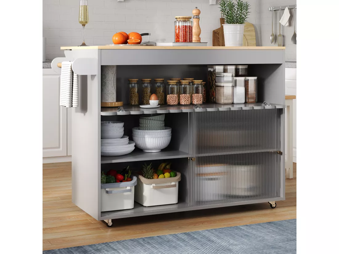 Ilot central de cuisine mobile avec 2 portes coulissantes - plateau extensible - 122x46/69x91 cm - Bois MDF - Gris + naturel