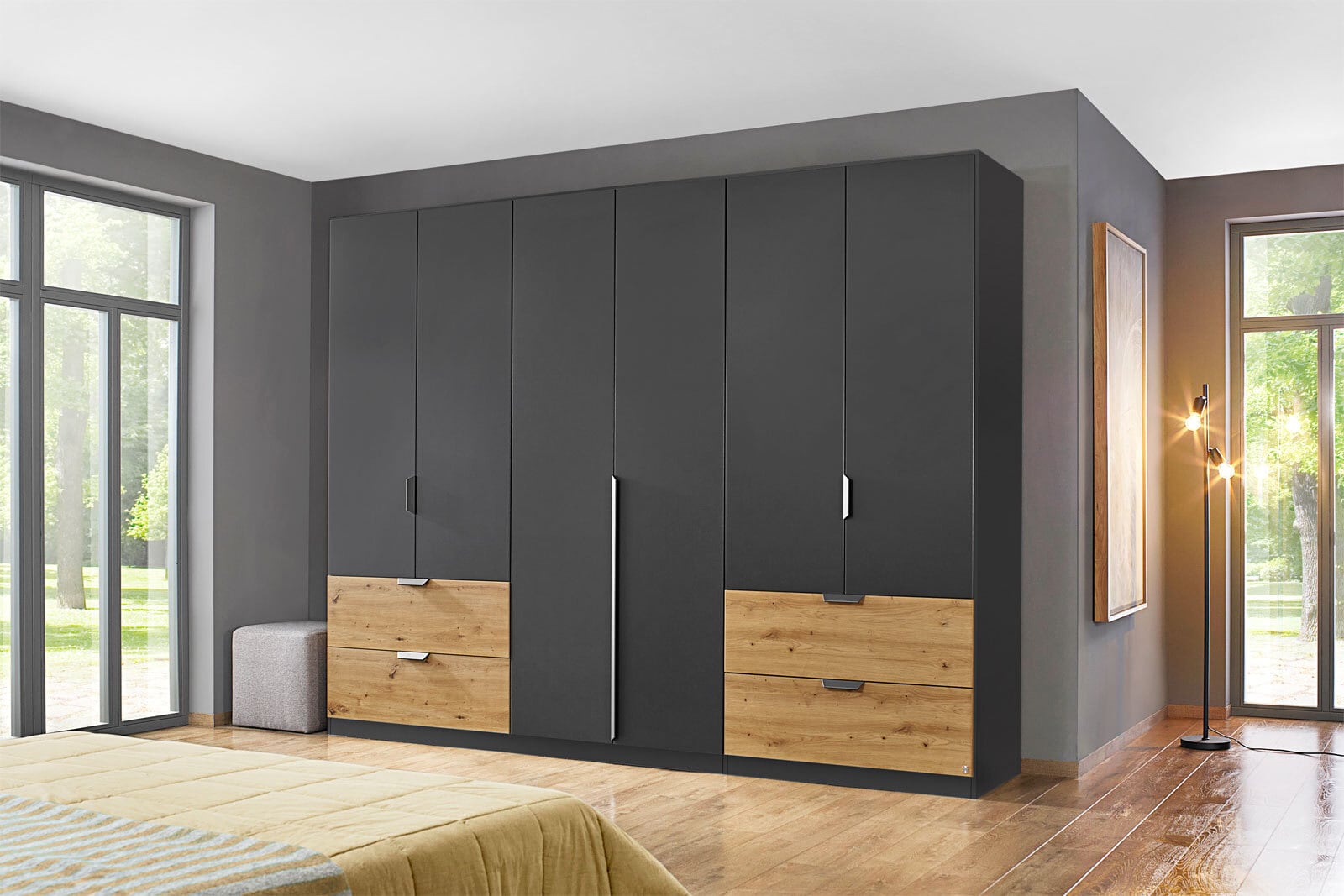 Drehtürenschrank Quadra-Spin B/H/T 271/229/54 cm Gau-Metallic/Eiche Artisan