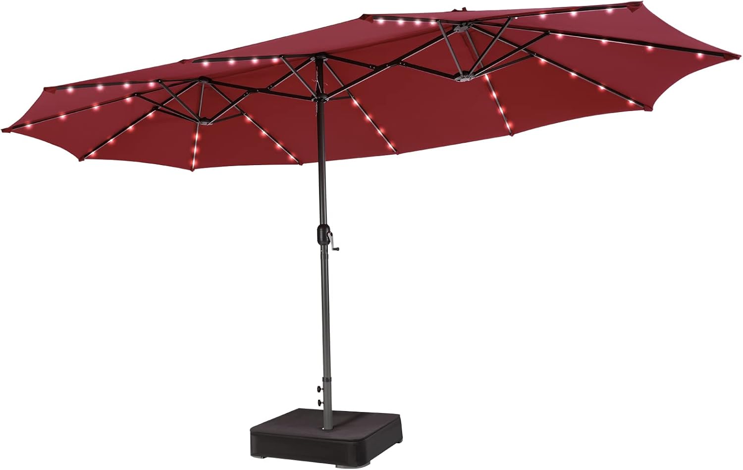 COSTWAY Doppelsonnenschirm mit Ständer und LED-Solar-Beleuchtung, 450 x 260 cm, Sonnenschirm Groß XXL, UPF 50+, Gartenschirm mit Kurbel, Terrassenschirm, Marktschirm für Garten, Terrasse (Rot)