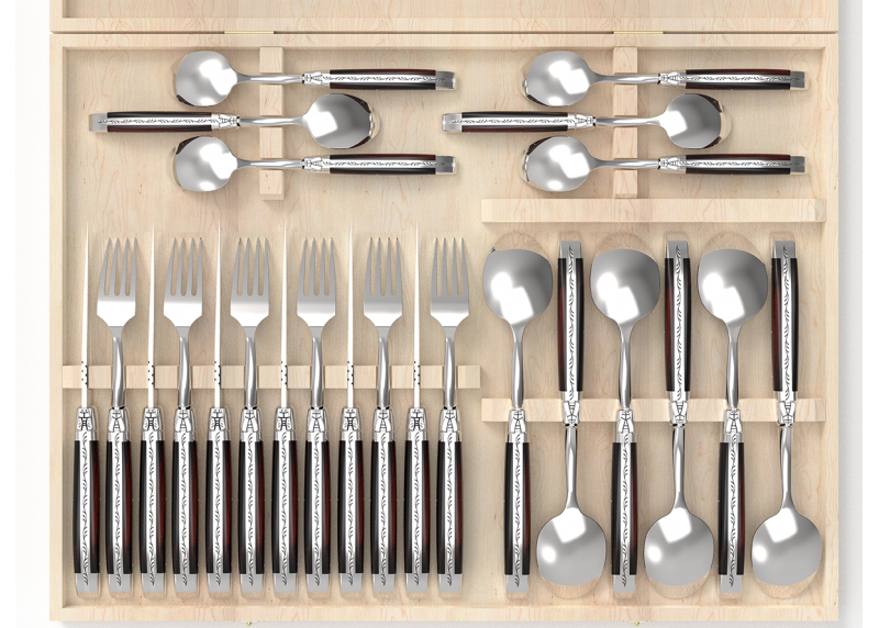 Service Laguiole de 24 pièces avec un manche en bois de fer et mitres en acier inoxydable