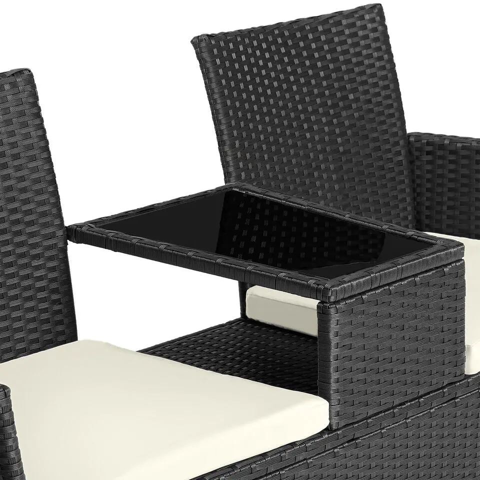 tectake Wicker tuinbank met tafel, Zwart/beige