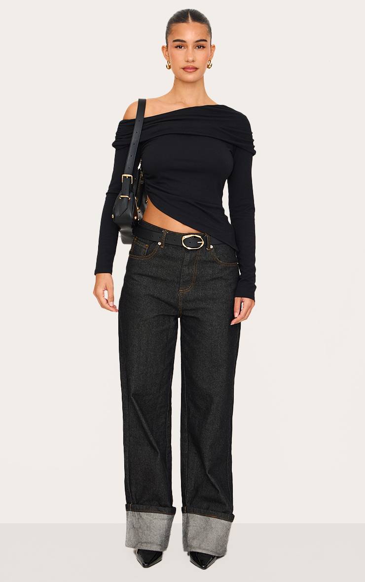 Noir Haut Bardot Noir À Manches Longues En Jersey Contour Avec Détail Col Replié