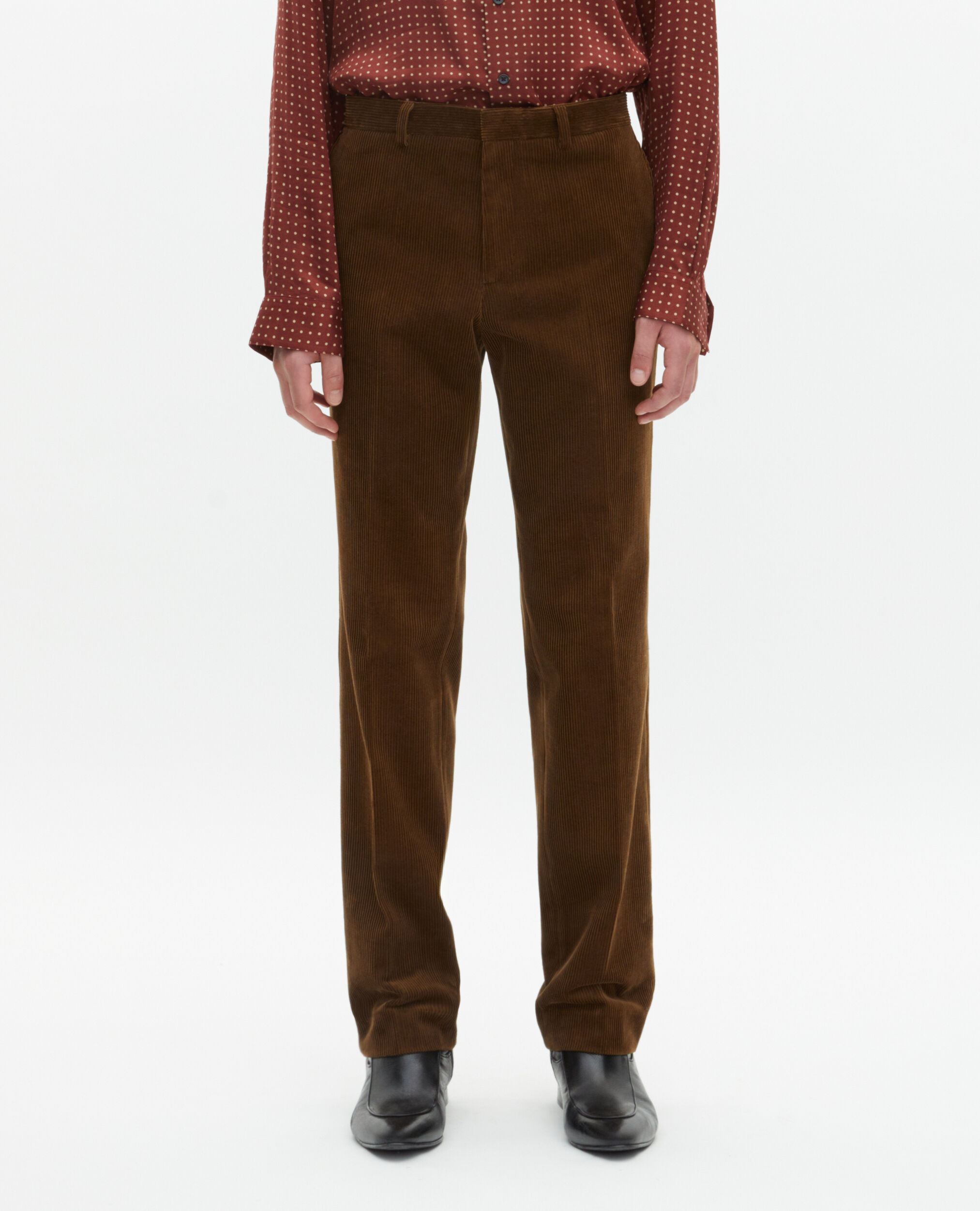 Pantalon de costume ajusté en velours côtelé marron