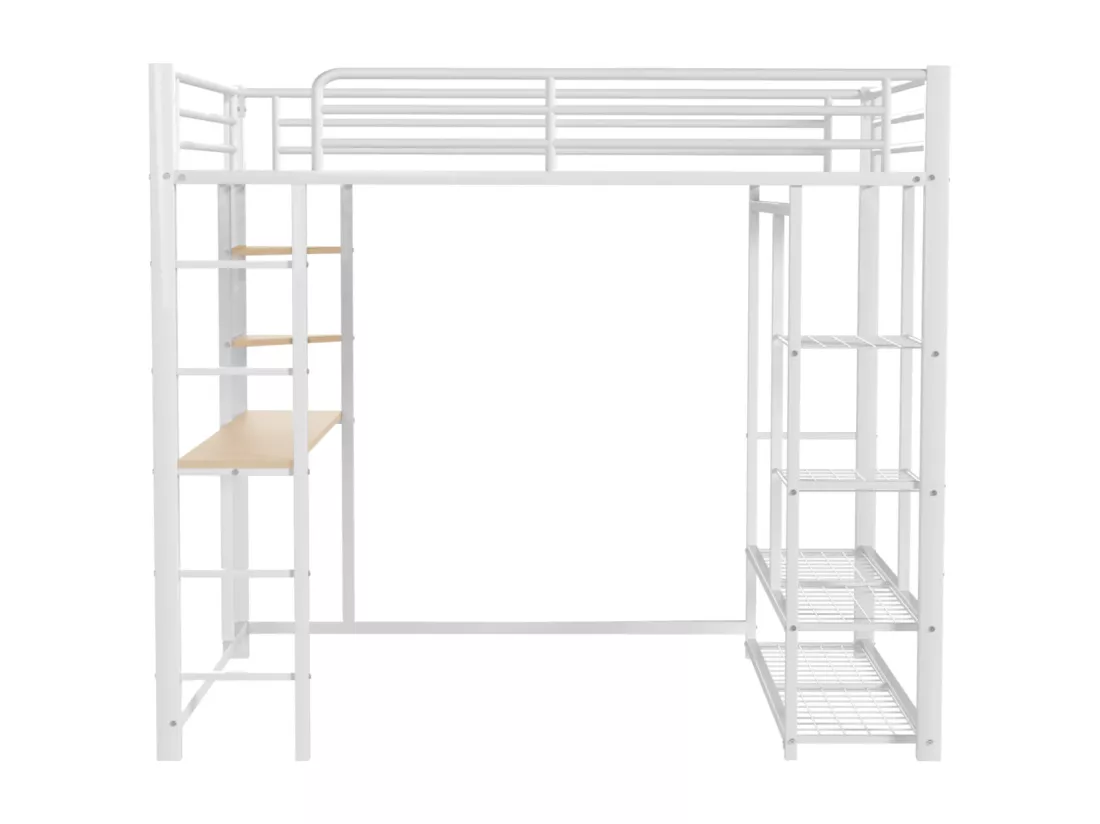 Lit mezzanine lit en fer/ lit en métal 140*200cm lit simple enfant avec compartiment de rangement table et sommier à lattes, blanc
