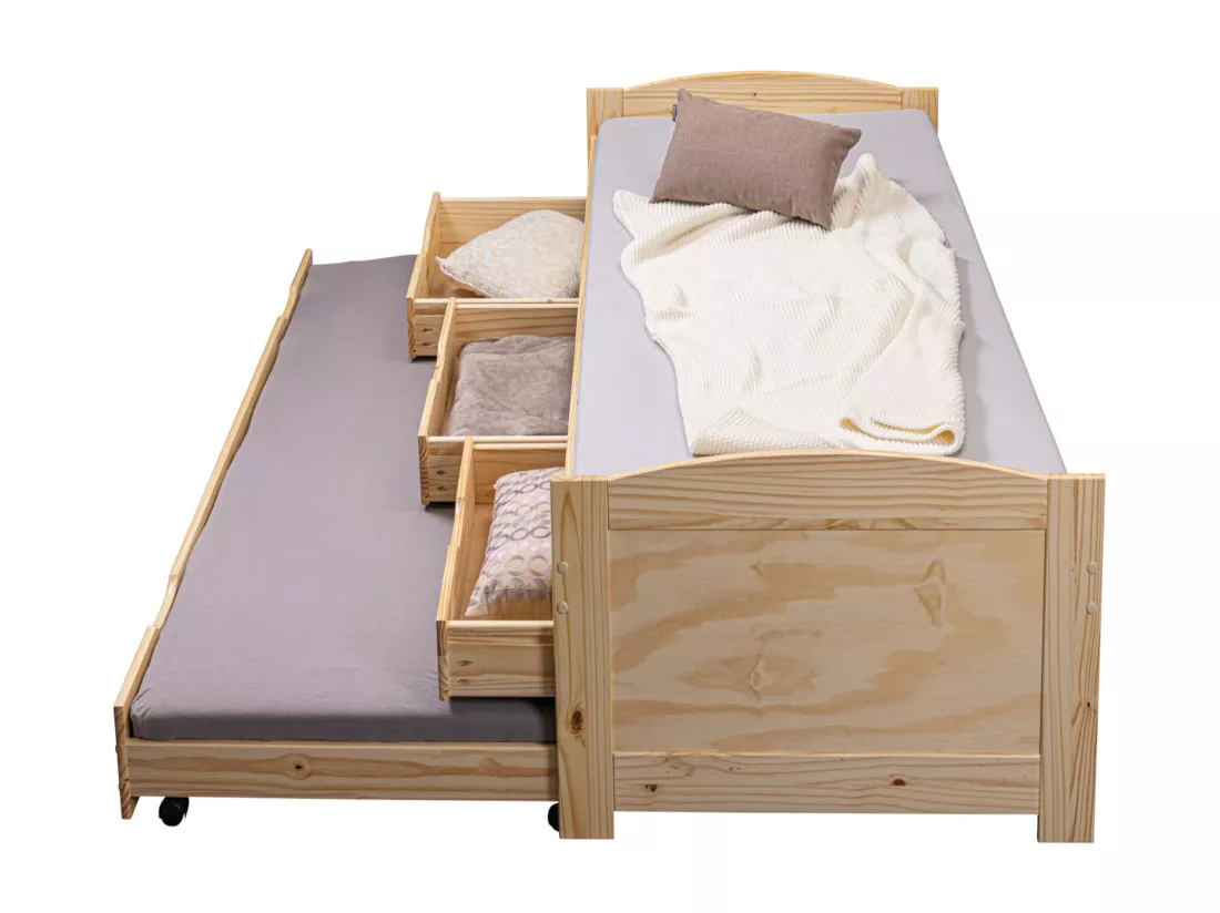 Lit gigogne 3 tiroirs en bois massif imitation chêne clair 90x200 - LT12006