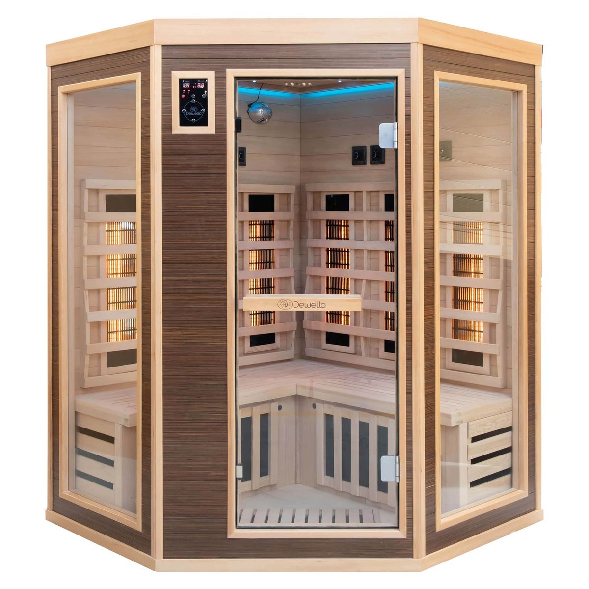 Dewello® Infraroodcabine Infraroodsauna MONTREAL 140cm x 140cm incl. 6 full spectrum emitters, 3 koolstof emitters, gekleurd licht