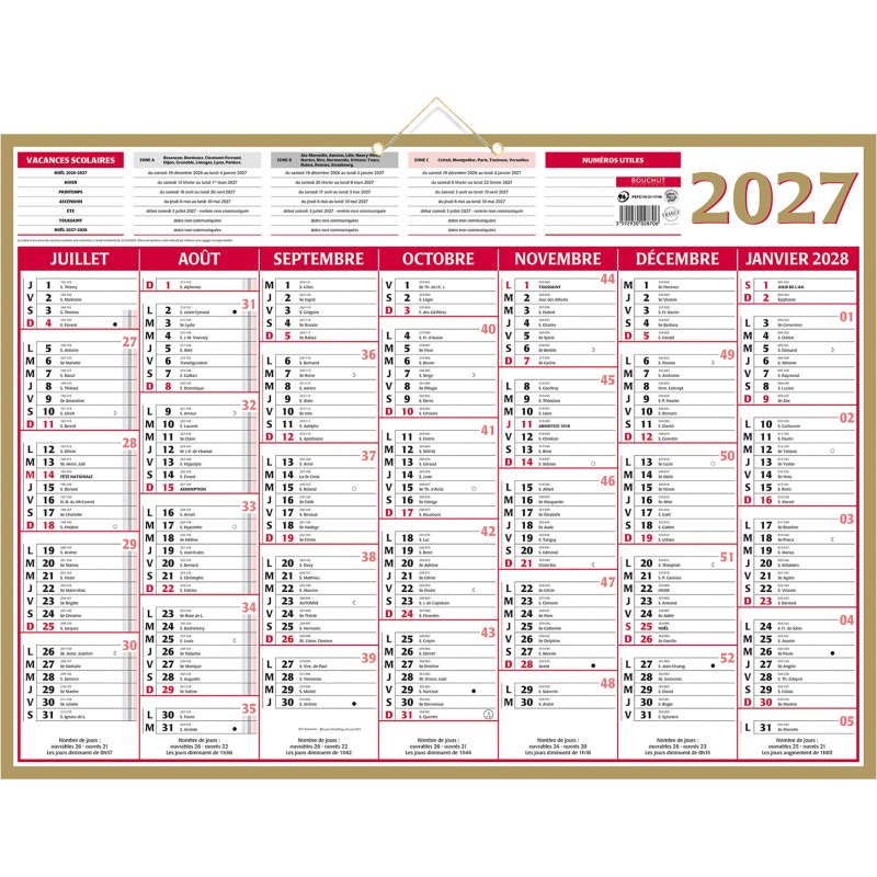 Calendrier semestriel mural 2027 - Or - 40,5 x 55 cm