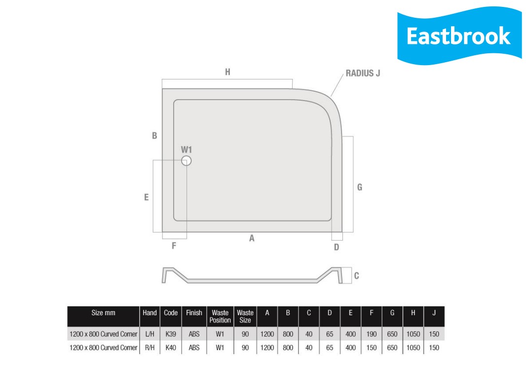 Eastbrook Volente douchebak 120x80cm rechts ronde hoek