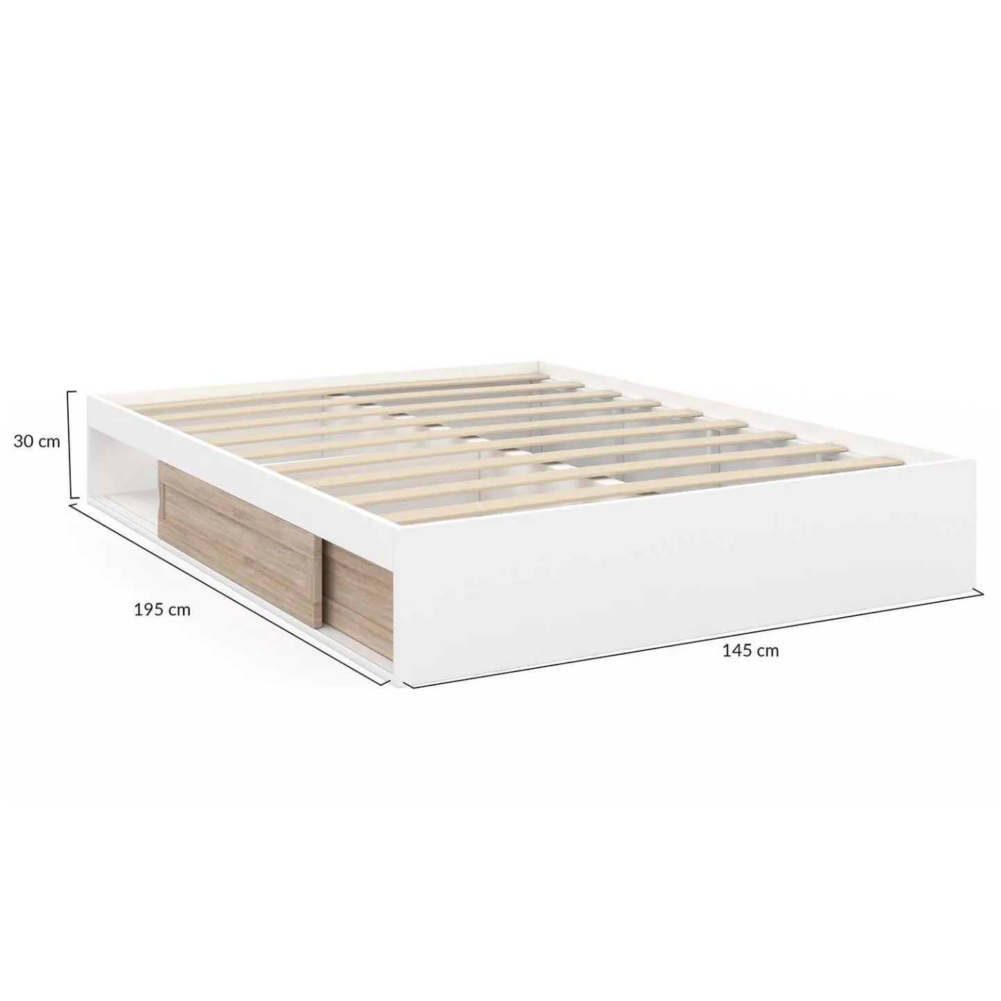 Cadre de lit double SALEM avec rangements et sommier 140 x 190 cm blanc et façon hêtre