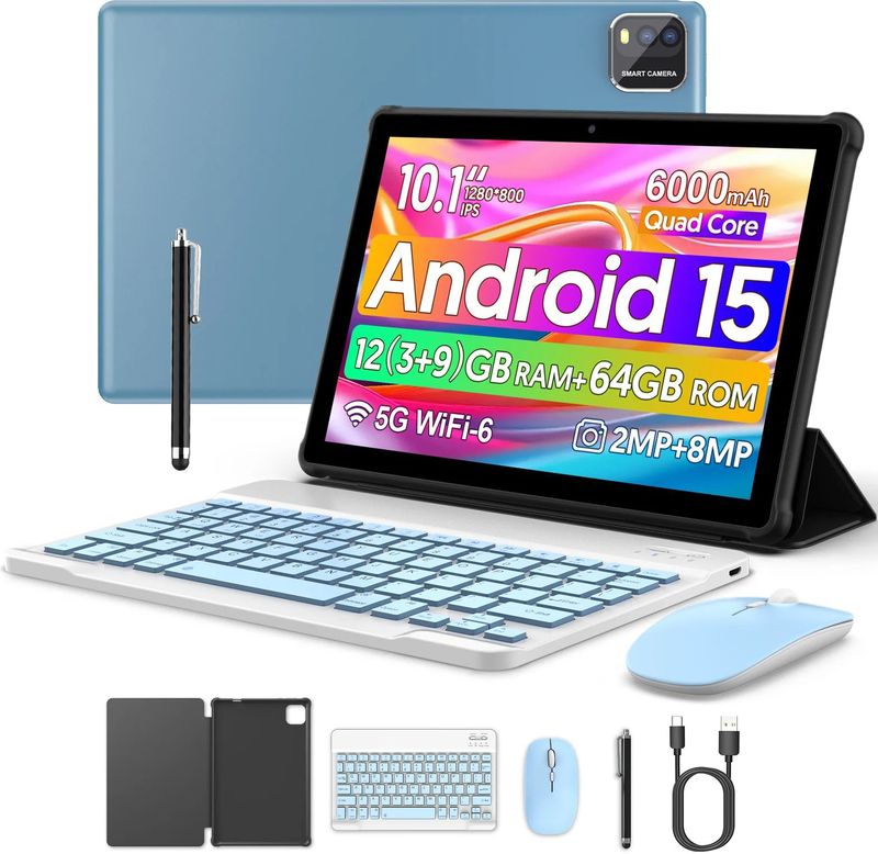 BAKEN 10-inch tablet met SIM-kaartsleuf, Android 15, Wi-Fi, GPS, Bluetooth, 64GB opslag, dubbele luidsprekers, USB-C-poort