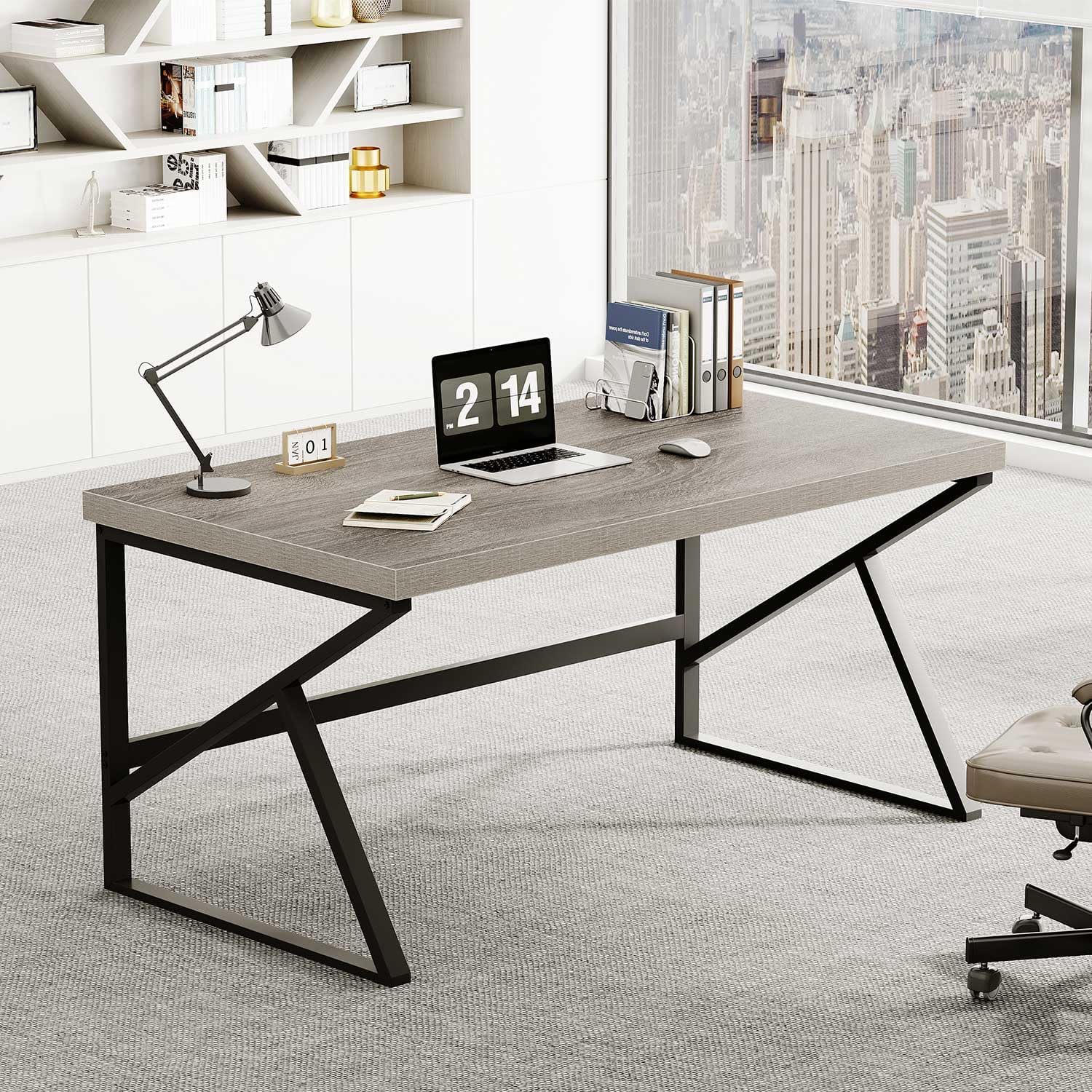 HSH Schreibtisch Holz und Metall Moderner Computertisch Industrieller PC Tisch für Büro Homeoffice Arbeitstisch Grau 140 x 60 cm