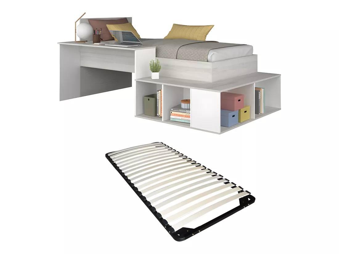 Lit combiné 90 x 200 cm avec rangements et bureau - Coloris : Naturel et blanc + Sommier - RIGALI