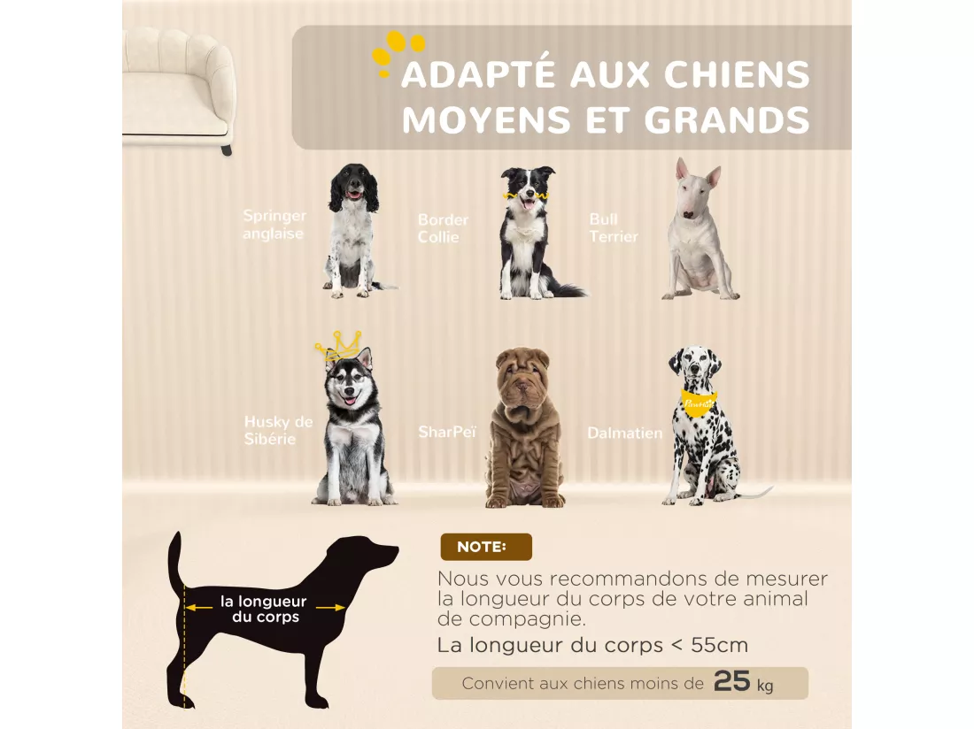 Canapé chien lit pour chien chat design contemporain coquillage dim. 98L x 60l x 35H cm coussin moelleux velours crème