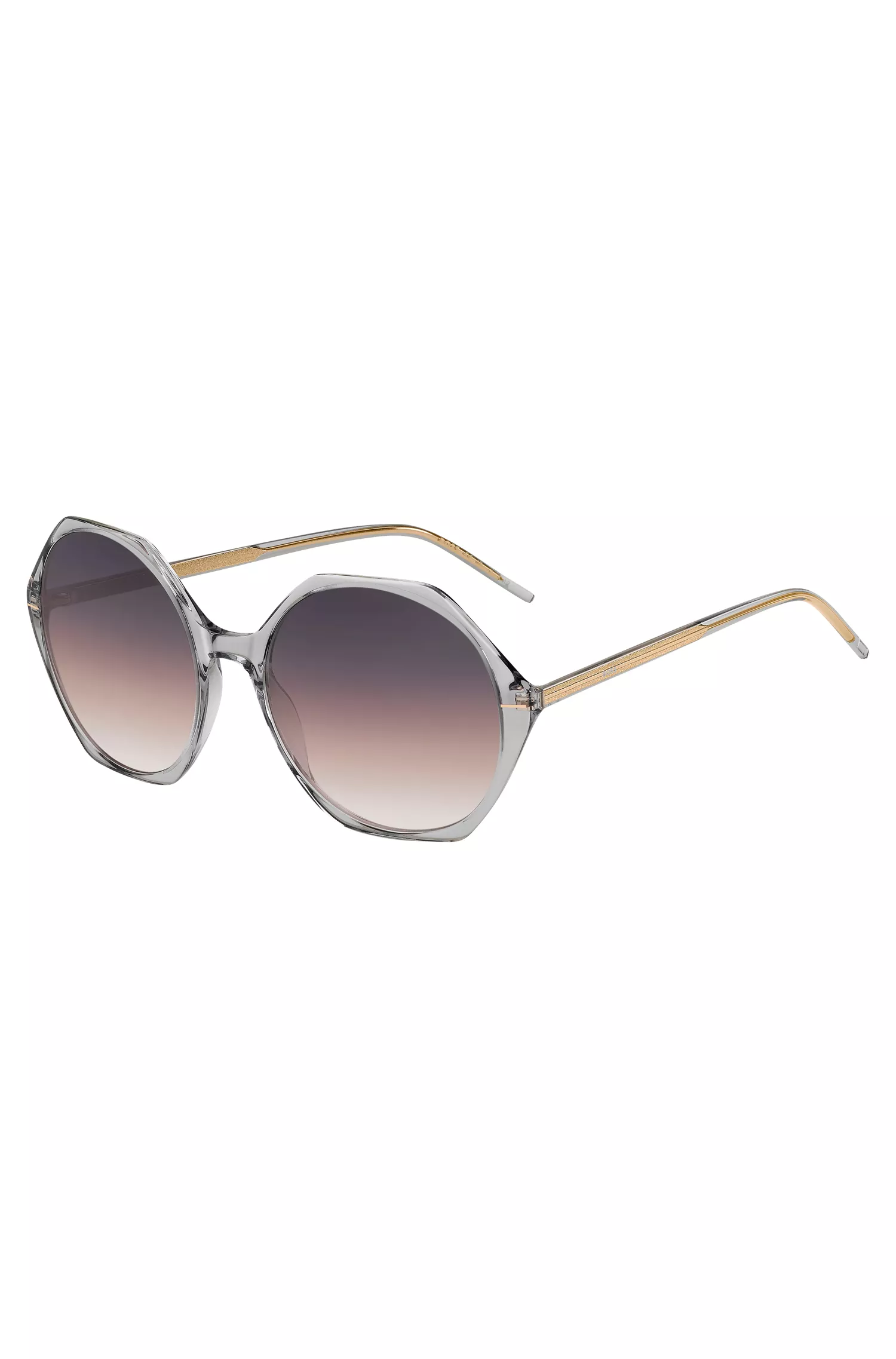 Óculos de sol BOSS em acetato preto transparente com armação hexagonal.