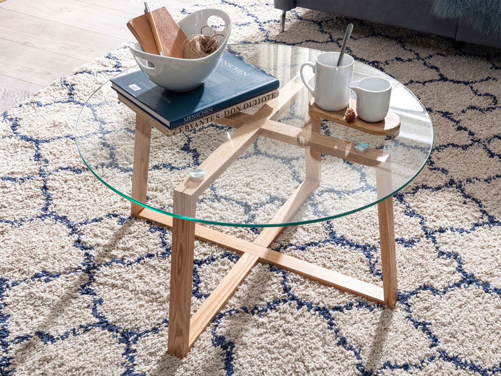 Couchtisch rund 78 cm Eiche/ Klarglas