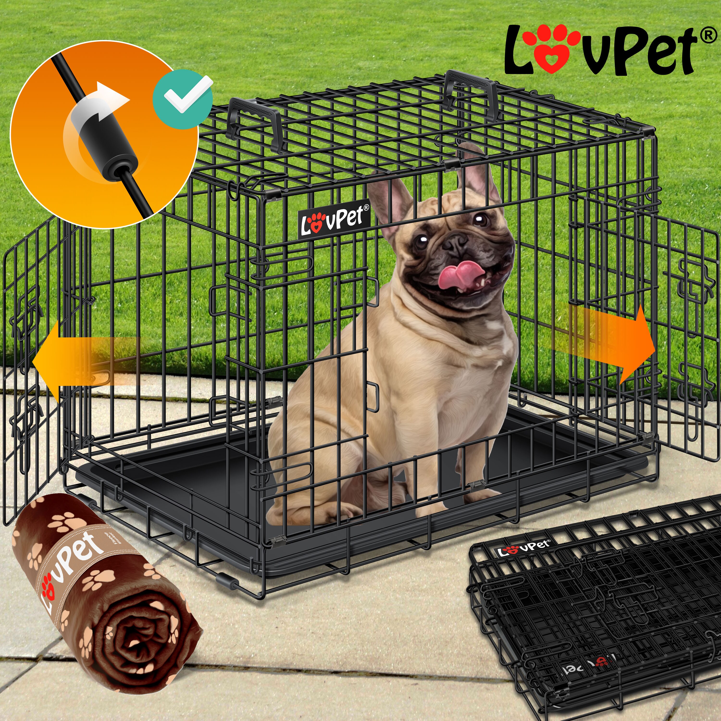LOVPET® Hundekäfig klappbar Hundetransportkäfig Inkl. Fleecedecke + Napf Hundebox mit 2 Türen Transportkäfig Auto, Tiertransportbox Hundetransportbox mit Bodenschale