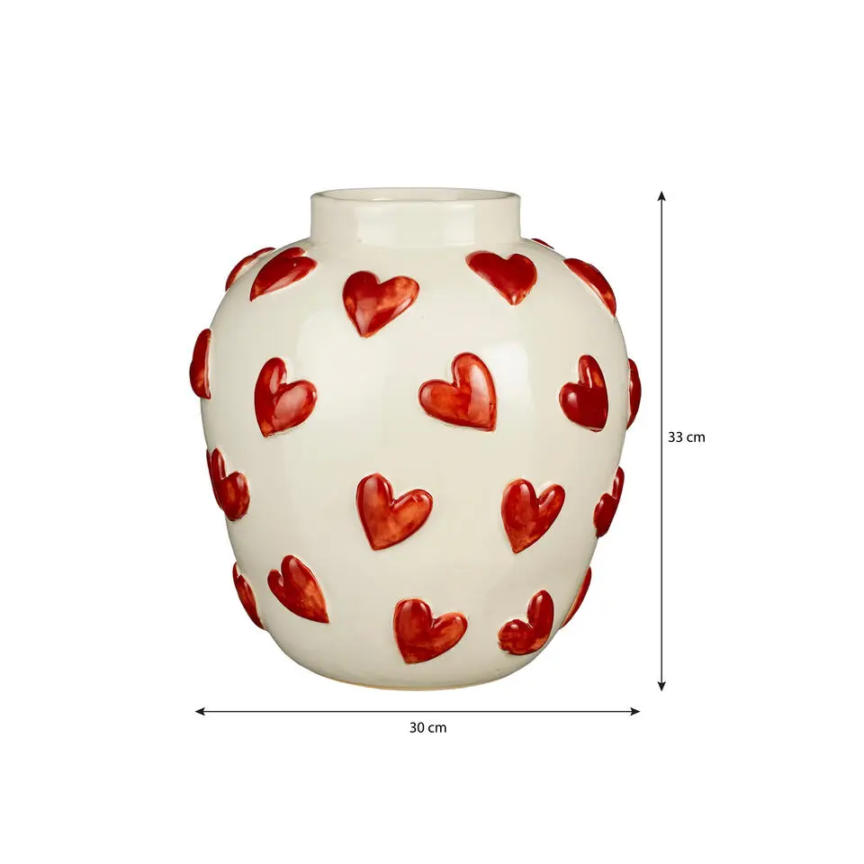 Mica Decorations Hearts Vaas - H33 x Ø30 cm - Keramiek - Wit, Rood