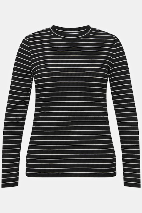 Rippshirt, Slim Fit, Ringel, Stehkragen, Langarm