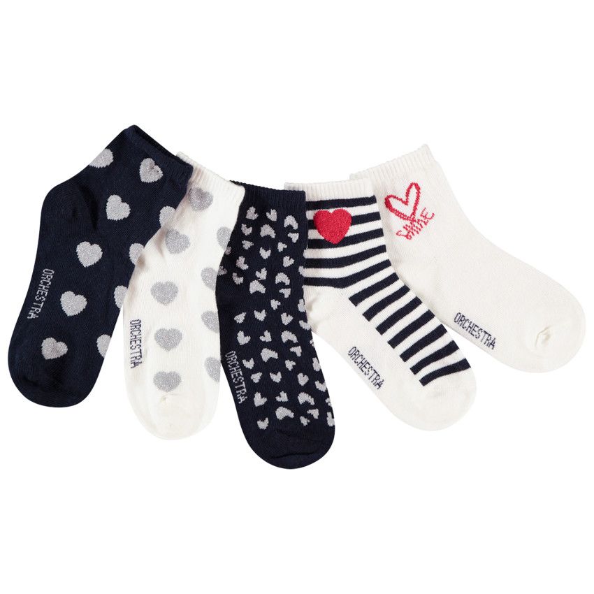 Lot de 5 paires de chaussettes fantaisie imprimé coeurs et rayures pour fille - Bleu marine