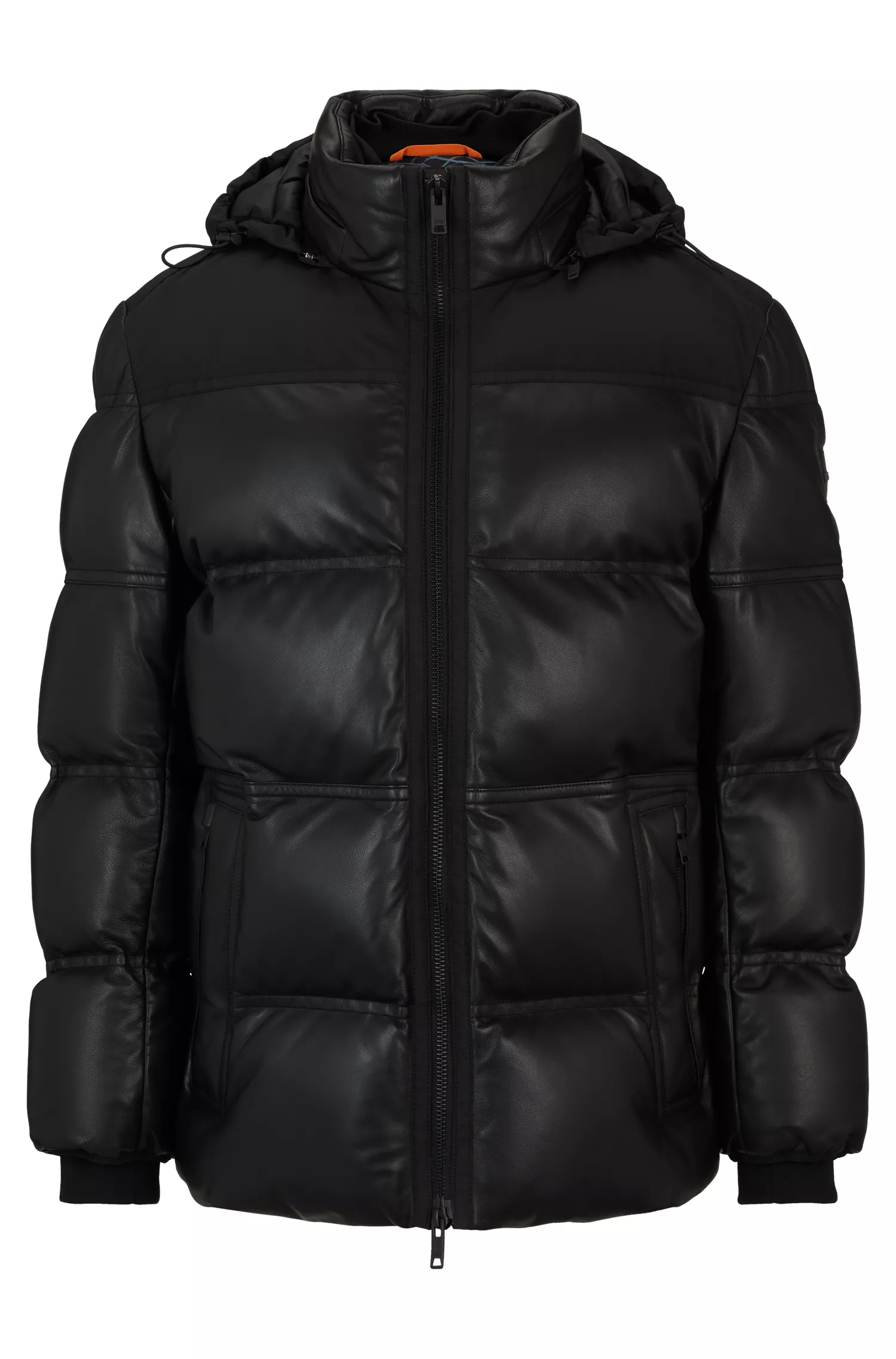 Jaqueta puffer com capuz BOSS em couro napa laranja com detalhes em tecido técnico.