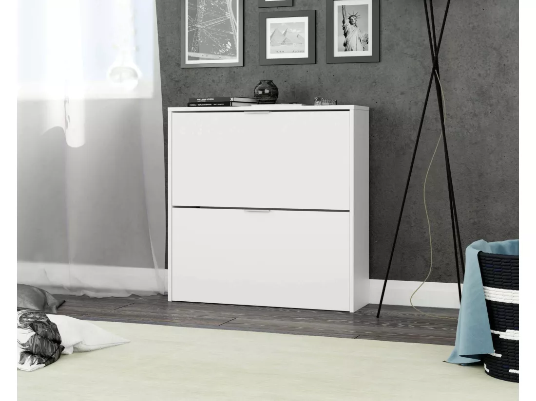 Étagère à chaussures Louisville, Armoire à chaussures avec 2 portes pliantes, Étagère à chaussures d'entrée basse, Armoire basse, 75x22h76 cm, Blanc