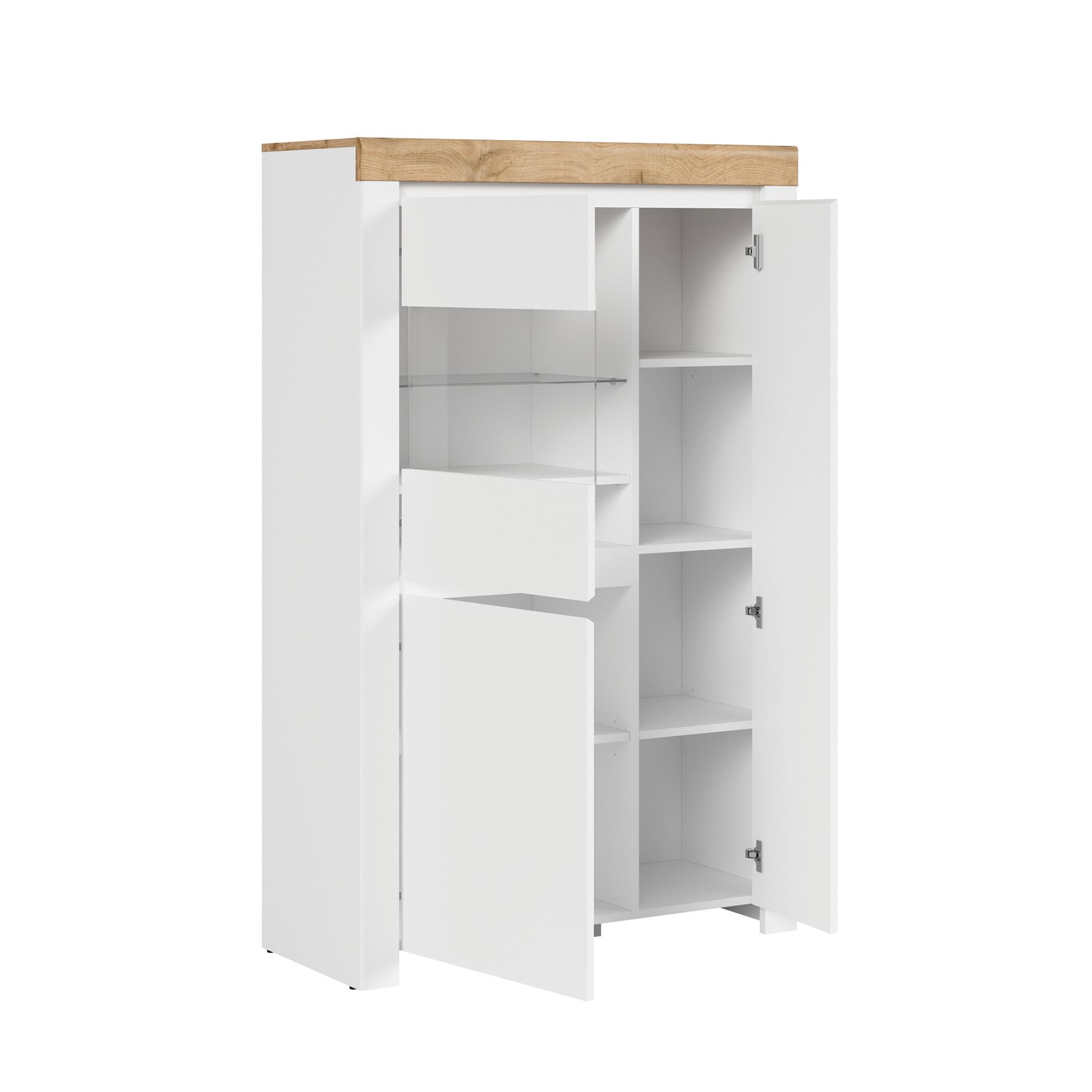 Highboardvitrine - weiß Hochglanz-Wotan Eiche - 157 cm hoch