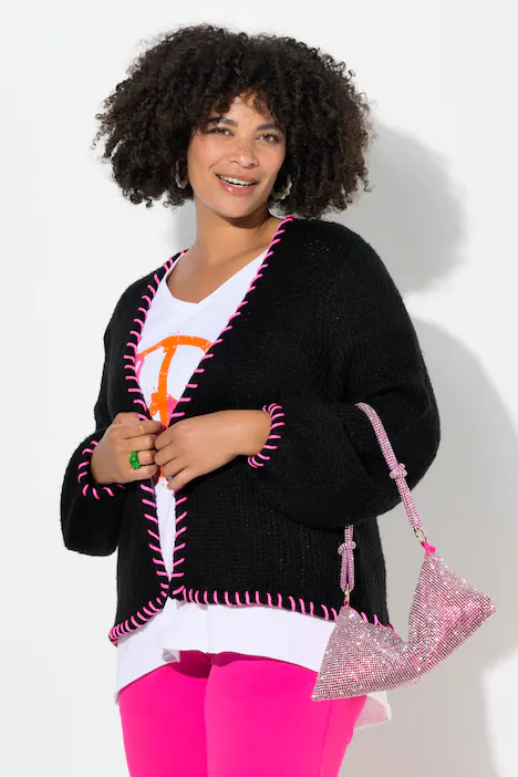 Strickjacke, Straight Fit, Zierkanten, Ballonärmel, schwarz
