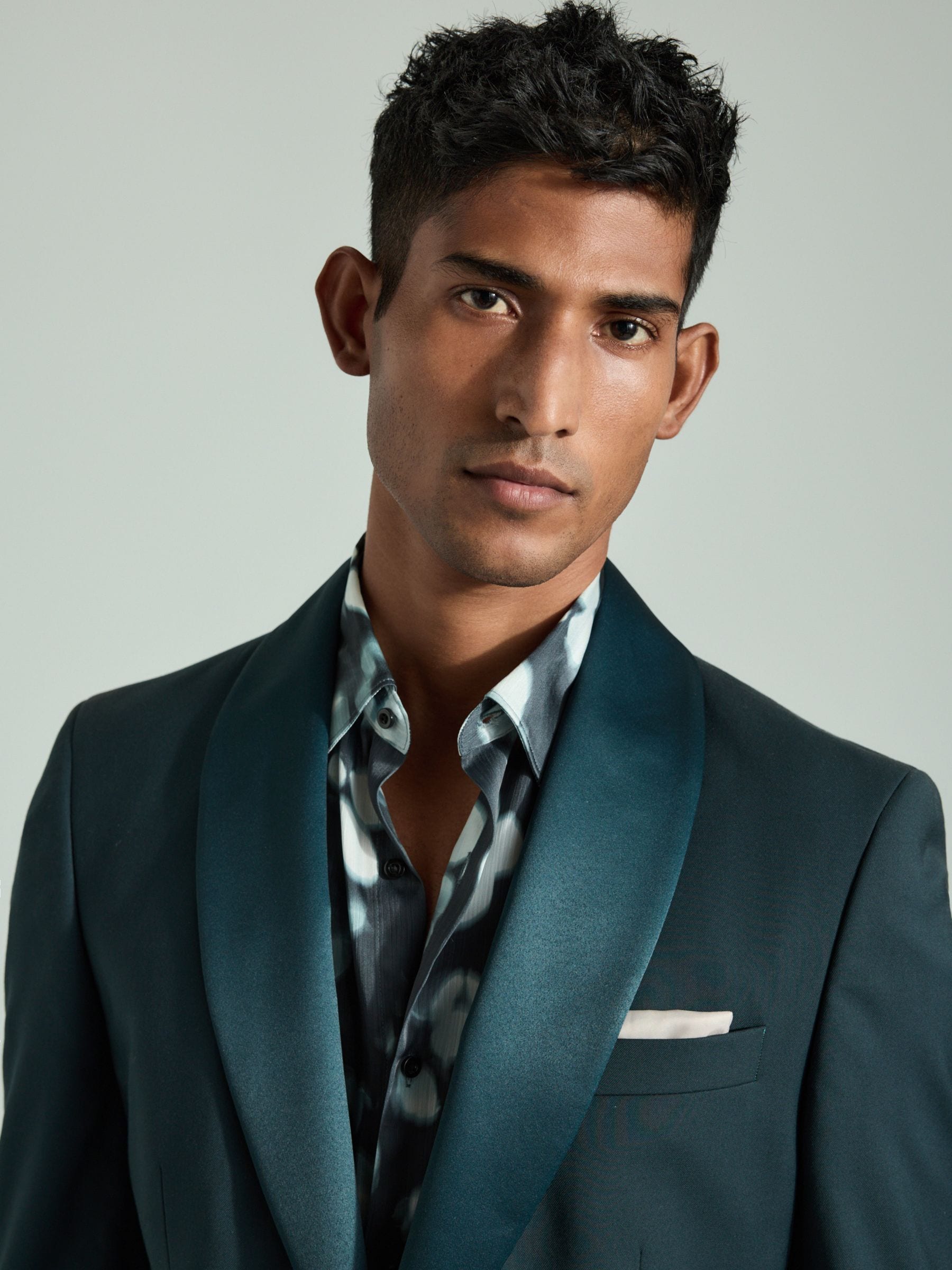 Blauwgroen - Slim Fit getrimd satijnen rand smoking jasje