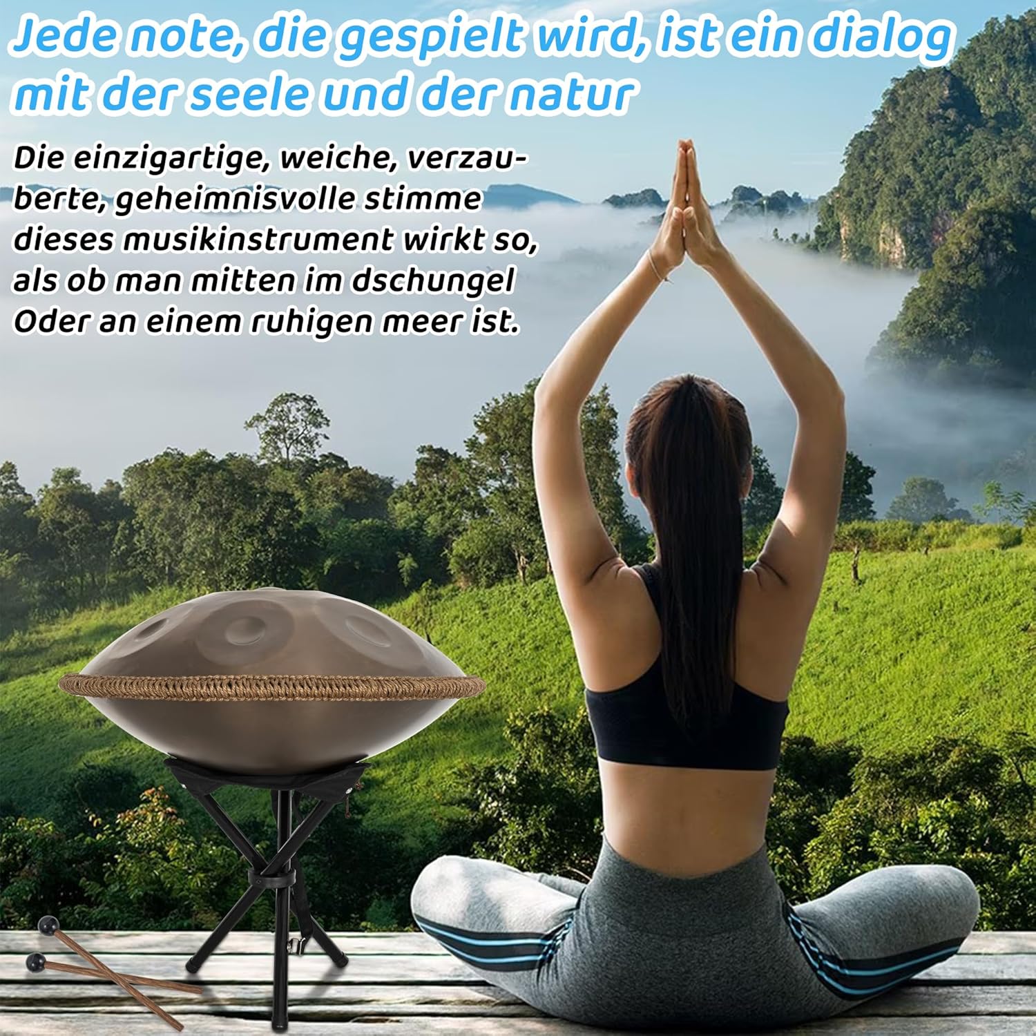 22 Zoll Meditations-Klangschale 9 Töne in Gold mit Ständer - Professionelle Steel Tongue Drum für Yoga, Therapie & Entspannung, Hochwertige Klangqualität Mit Aufbewahrungstasche（440HZ）