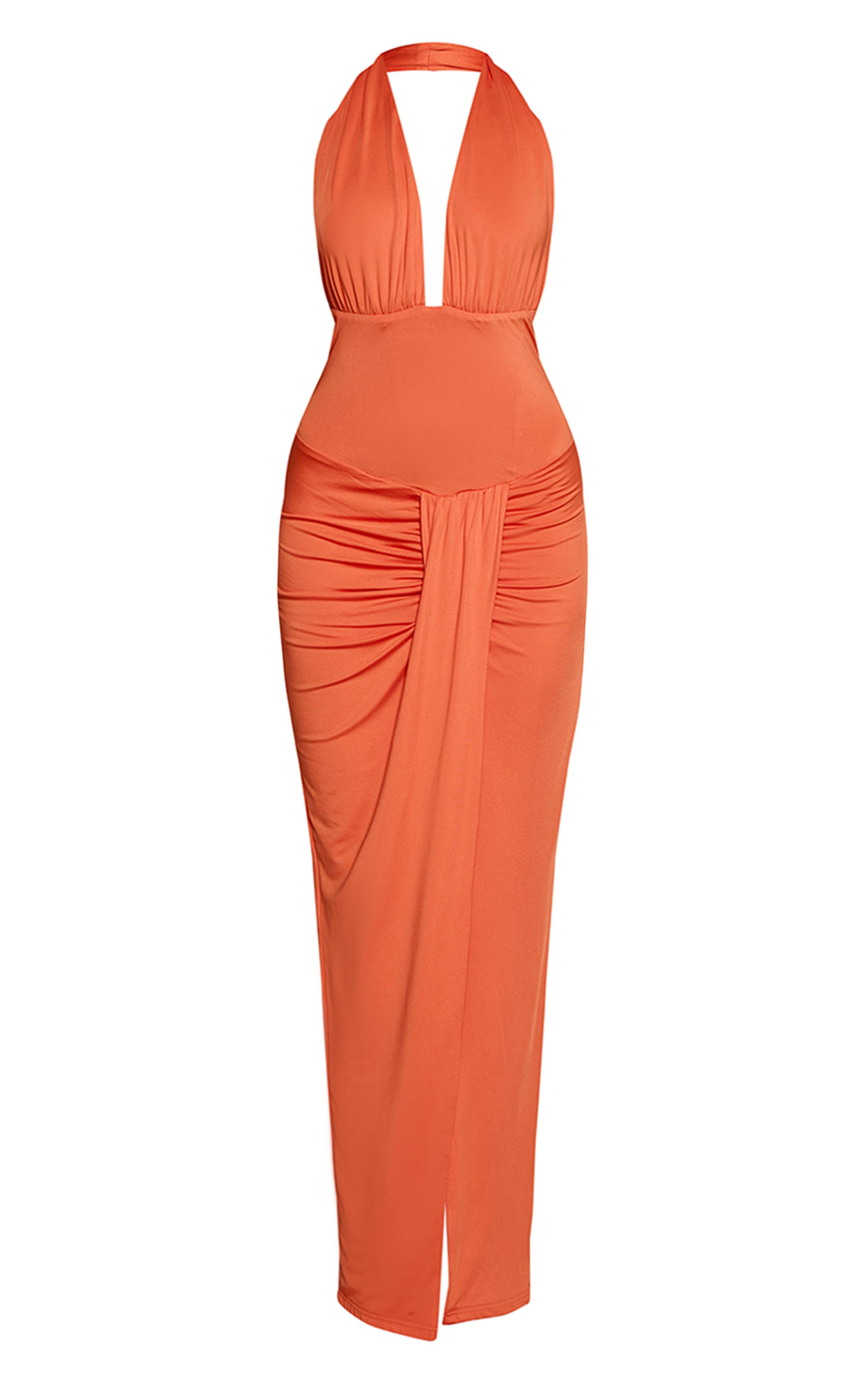 Orange Robe Longue Drapée À Corsage Bustier Plongeant