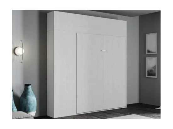 Lit escamotable avec colonne de rangement et éléments hauts bois frêne blanc kanto 160x190