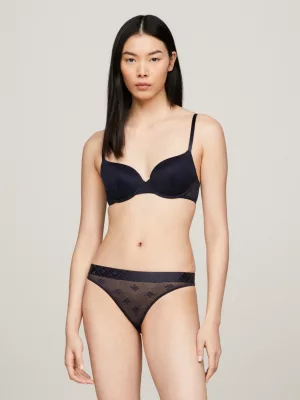 Calcinha fio dental com monograma TH, renda brilhante e cós elástico.