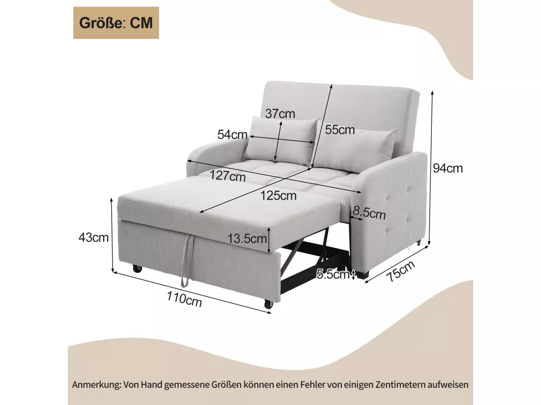 Canapé convertible 2 places, Canapé-lit pliant en tissu lin - 127 x 75 x 94 cm - avec fonction sommeil - Gris clair