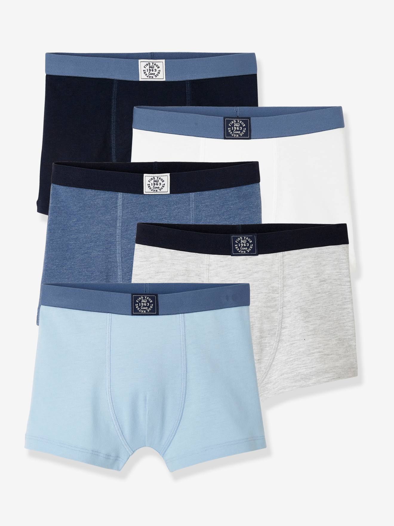 Pacote com 5 cuecas boxer azuis claras em dois tons/multicoloridas para meninos