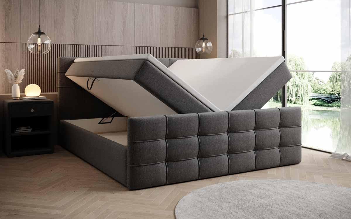 Boxspringbett Luxor Stoff 180x200 Doppelbett Polsterbett Bett mit Stauraum | Bezug: Stoff | Farbe: Grau | Härtegrad: H3 (70-100kg)