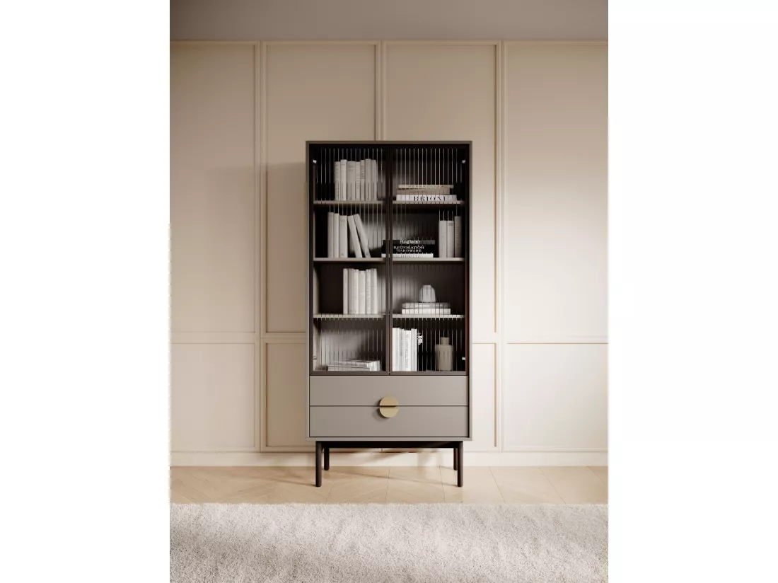 Vitrine haute - 85 cm - avec quatre étagères et tiroirs - gris pierre - STOON