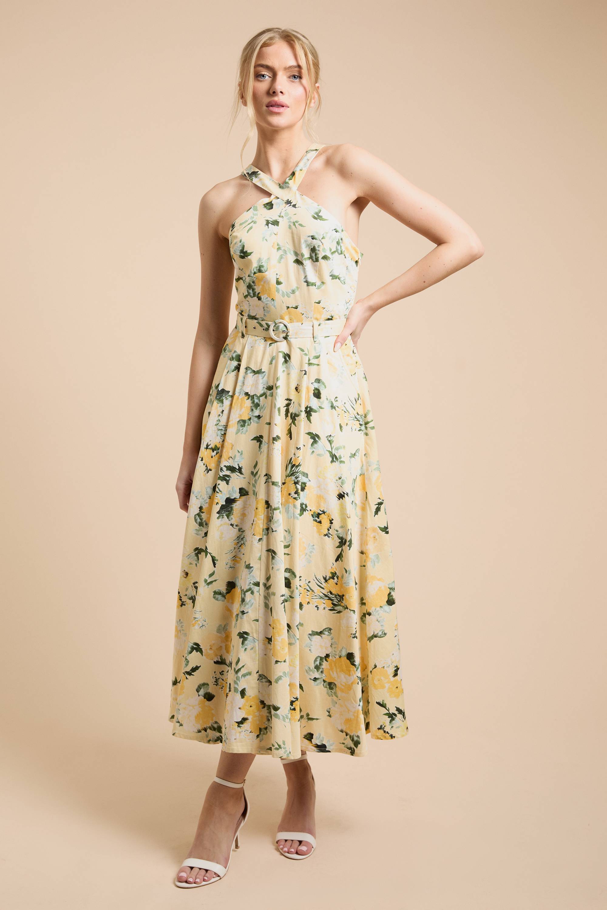 Oasis Robe Midi En Popeline De Coton À Imprimé Floral Citron Avec Col Licou