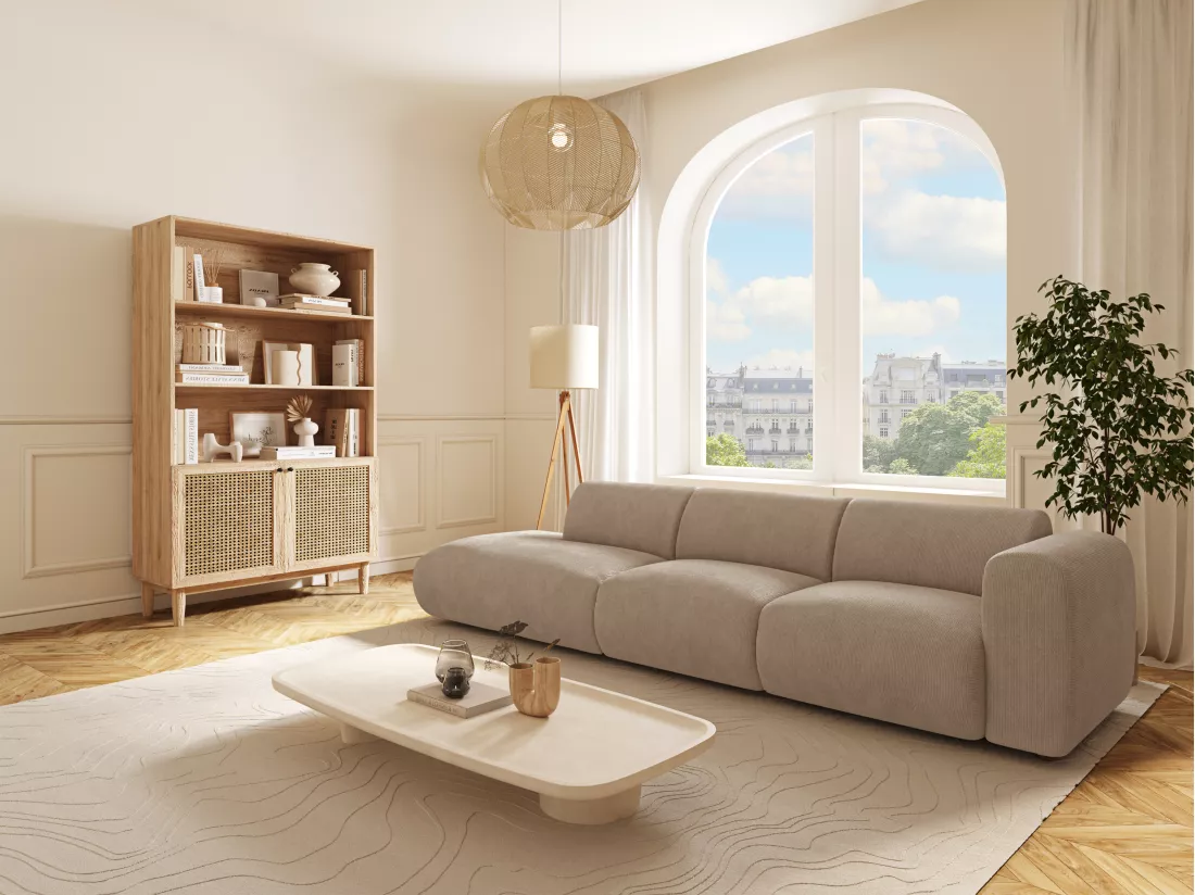 Grand canapé 5 places accoudoir droit en tissu texturé beige POGNI de Maison Céphy